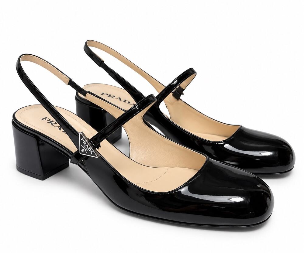 Prada DeColette Black Patent Leather Mary Jane Slingback Pumps Heels 38 8